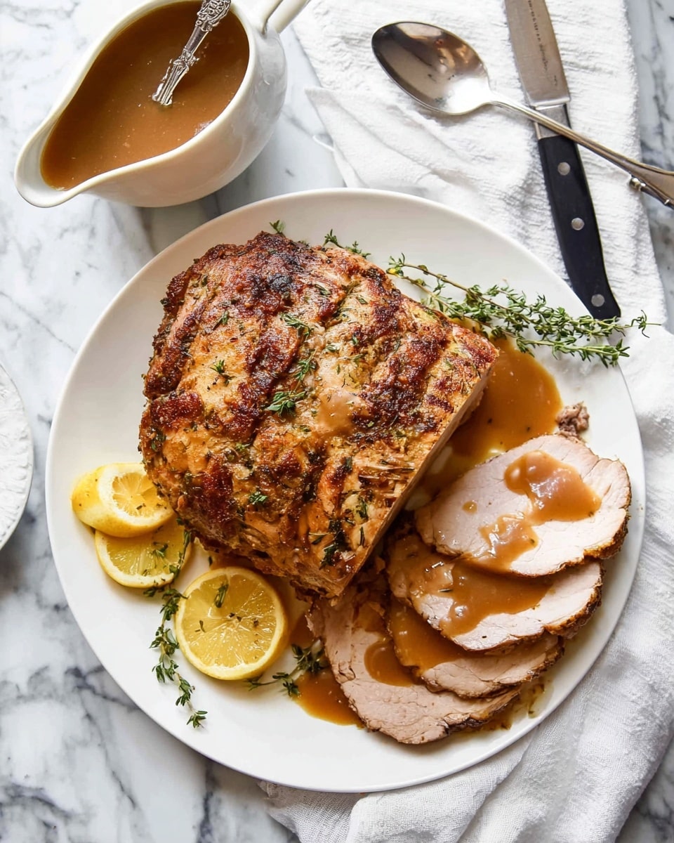 A large piece of cooked roast meat with a dark, crispy crust sits on a white plate with some green herbs on top. Next to it are several thick slices of the roast, showing a moist inside, partially covered with brown gravy. Around the meat are three lemon wedges and two lemon halves, adding yellow color. Above the plate on the white marbled surface, there's a metal knife and fork with black handles lying on a white cloth. To the upper left, a white gravy boat filled with smooth brown gravy has a silver spoon resting on it, dripping some gravy. photo taken with an iphone --ar 4:5 --v 7