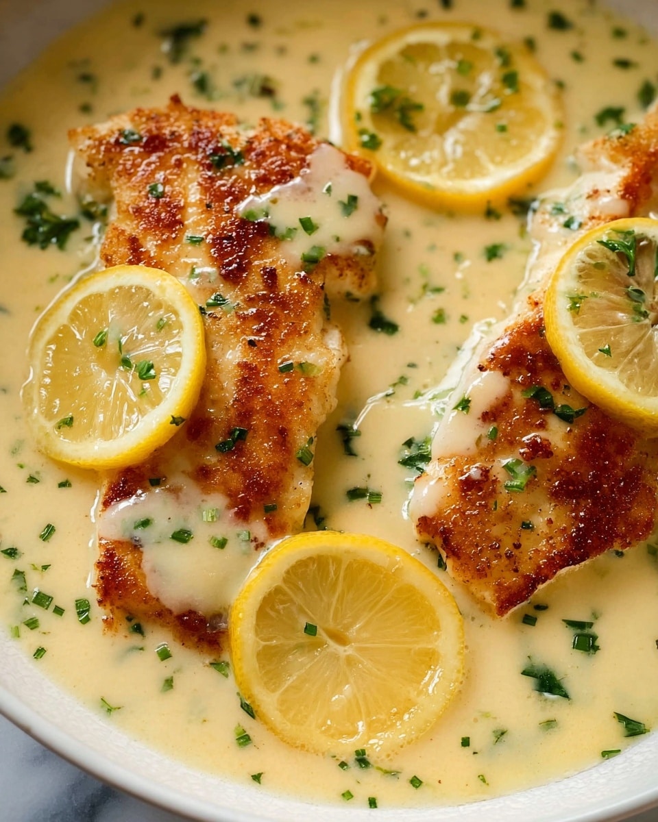 The image shows a close-up of three golden-brown fish fillets with a crispy texture on top, each partly covered with a creamy light yellow lemon butter sauce that has small green herb pieces scattered throughout. Bright yellow lemon slices with a translucent look are placed on top and around the fish. The fish and sauce rest in a shallow white dish. The dish sits on a white marbled surface. Photo taken with an iphone --ar 4:5 --v 7