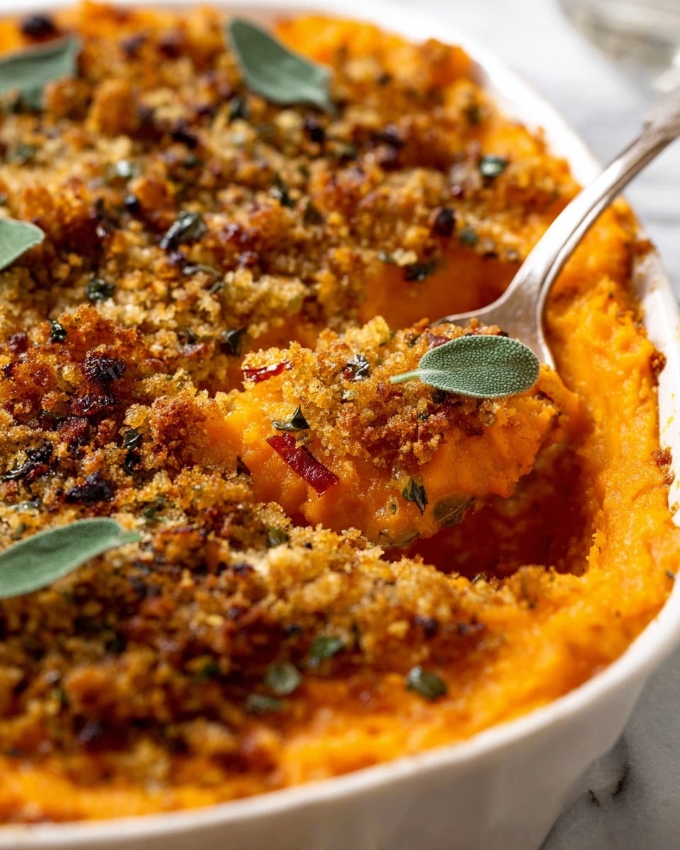 A close-up view of a white dish filled with a three-layer casserole, with the bottom two layers showing a smooth, bright orange mashed sweet potato mixture. The top layer is a crumbly golden brown breadcrumb crust speckled with dark bits, likely herbs or bacon, and topped with small green leaves scattered lightly. A shiny silver spoon is lifting a portion of the casserole, revealing the soft texture of the sweet potato beneath the crunchy topping. The dish is placed on a white marbled surface. photo taken with an iphone --ar 4:5 --v 7