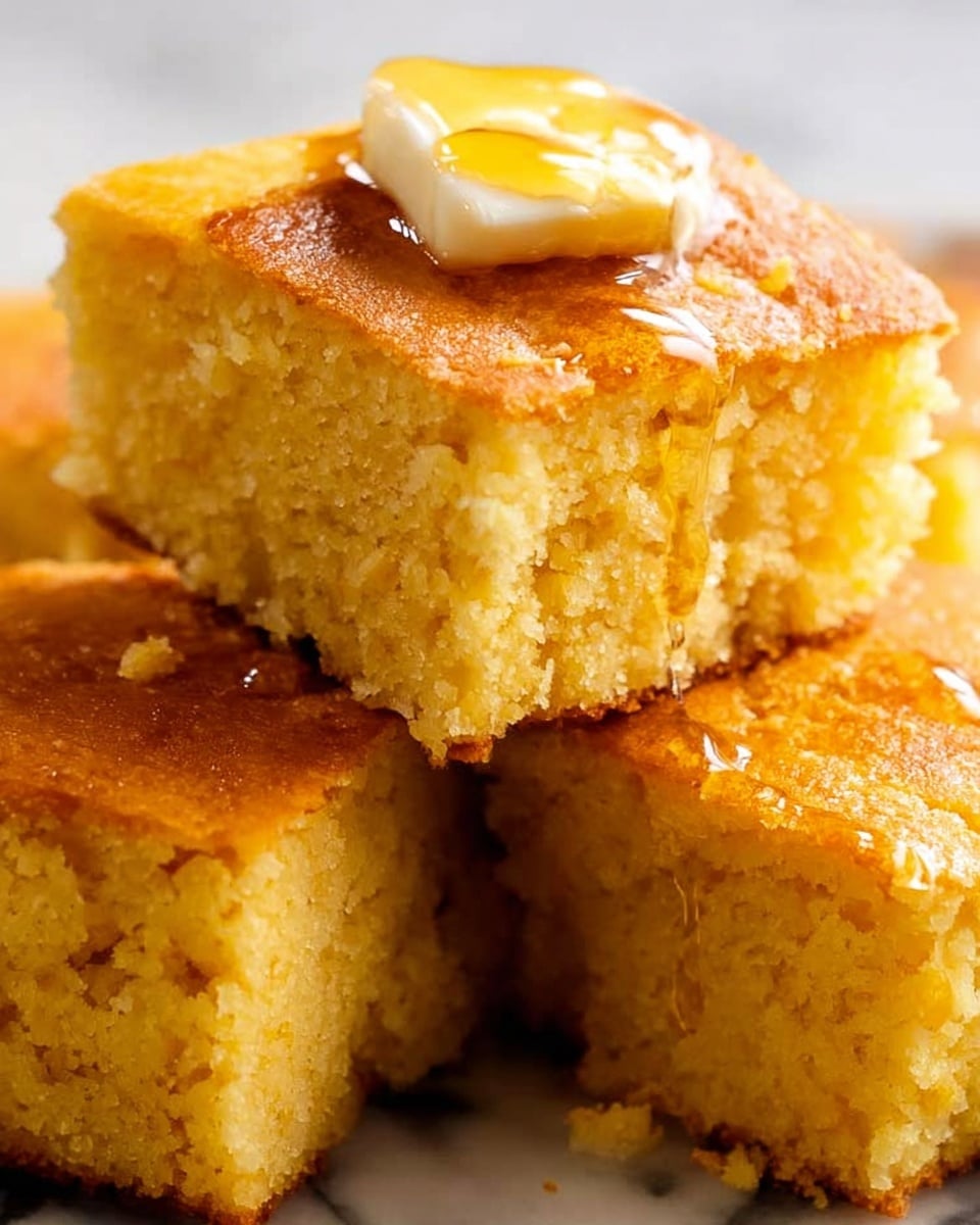 A close-up view of two stacked pieces of golden brown cornbread with a soft, crumbly texture. The top piece has a small dollop of melted butter that is slowly melting and spreading, with shiny amber syrup drizzling down the sides. Both pieces rest on a white marbled surface, highlighting the warm yellow and light brown hues of the cornbread. The background is softly blurred, emphasizing the moist and inviting texture of the cornbread. photo taken with an iphone --ar 4:5 --v 7