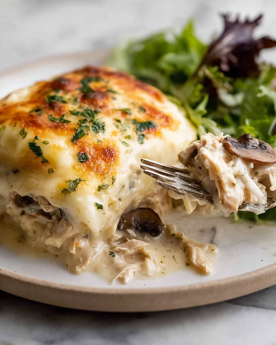 A close-up of a white plate with a creamy layered casserole featuring three visible layers: the bottom layer has brown mushrooms and shredded chicken, the middle layer has a thick white sauce, and the top layer is golden melted cheese with light brown spots and sprinkled green herbs, with a silver fork lifting a piece from the plate, and a small green leafy salad on the side, all set against a white marbled texture background. photo taken with an iphone --ar 4:5 --v 7