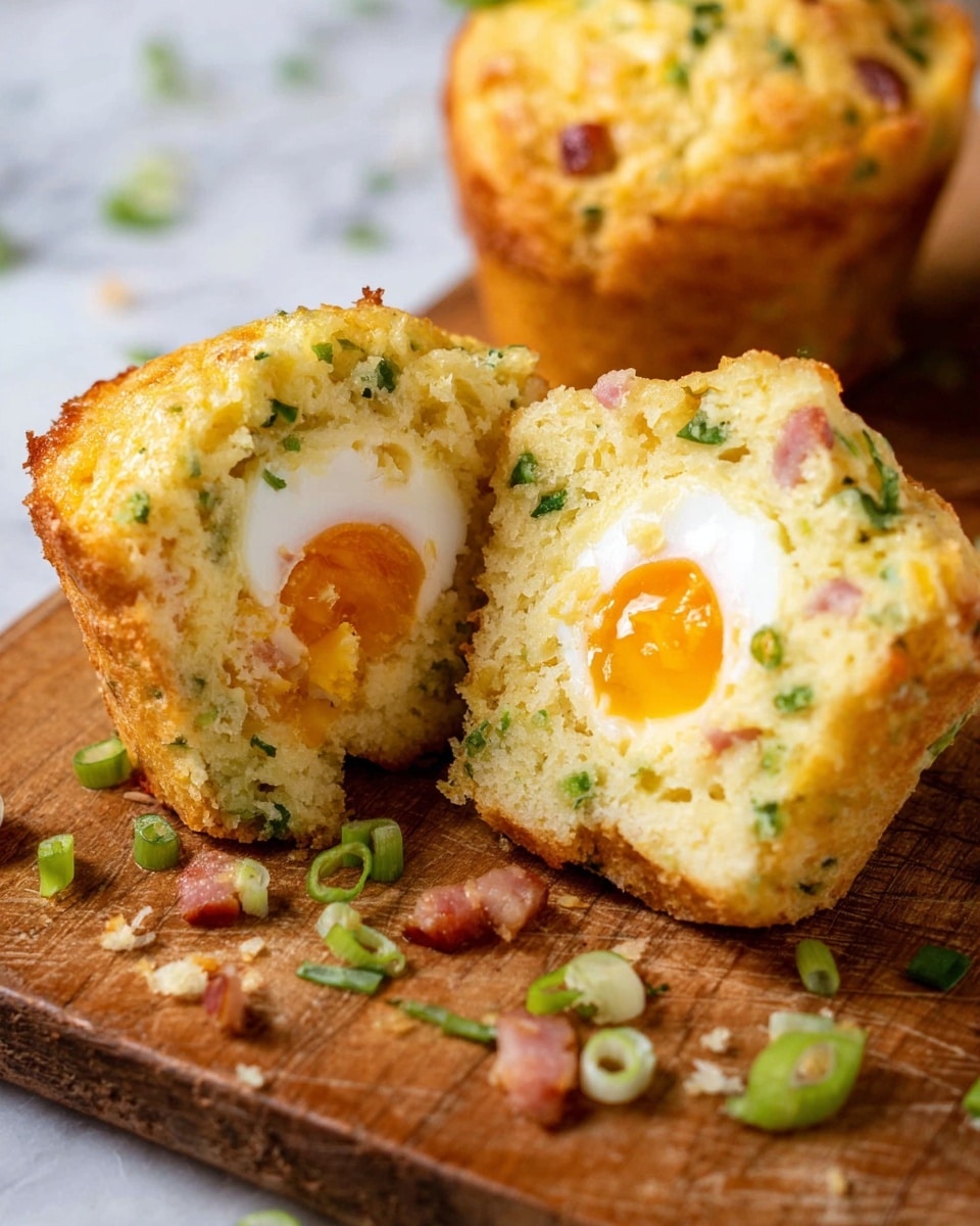 The image shows a close-up of a savory muffin cut in half, revealing three main layers inside. The outer layer is a light golden brown muffin crust with a slightly rough texture. Inside, the middle layer is a soft, moist, light beige muffin with small pieces of green herbs and bits of reddish-brown bacon spread evenly throughout. The center layer features a halved boiled egg with a bright orange yolk wrapped in smooth white egg white. The muffin sits on a wooden cutting board scattered with small pieces of bacon and sliced green onions, all set against a white marbled surface. Photo taken with an iphone --ar 4:5 --v 7