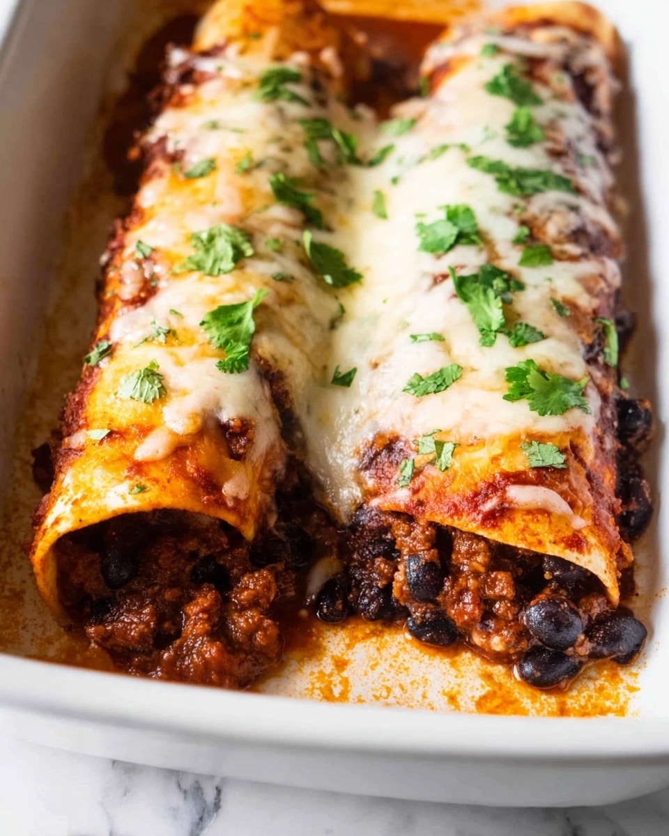 The image shows two rolled enchiladas placed side by side in a white baking dish on a white marbled surface. Each enchilada is covered with a thick layer of melted white cheese that appears creamy and slightly browned, sprinkled with chopped fresh green cilantro. Inside the enchiladas, there is a rich, chunky dark brown meat and black bean filling visible at the open end of one enchilada, with a red sauce seeping out underneath the cheese. The surface around the enchiladas is coated with sauce and bits of filling, adding a rustic look. photo taken with an iphone --ar 4:5 --v 7