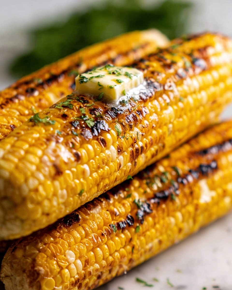 The image shows three grilled corn cobs stacked close together on a white marbled surface. The corn has bright yellow kernels with many kernels charred to black and dark brown, giving a smoky texture across the cobs. There is a small melting pat of light yellow butter on the top corn cob with green herb bits sprinkled over and around the butter, adding fresh green color. The kernels look juicy and shiny, with a mix of smooth and slightly rough textures from grilling. The background is softly blurred with hints of green, suggesting fresh herbs or leaves. photo taken with an iphone --ar 4:5 --v 7