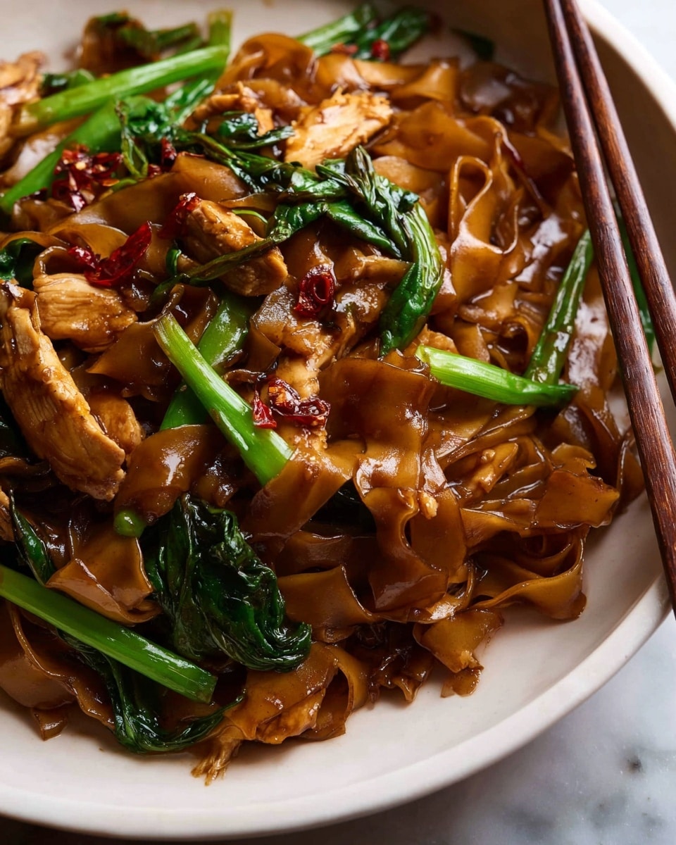 A close-up of a dish with wide, flat dark brown noodles coated in a shiny, savory sauce. Mixed in are tender pieces of cooked chicken in light brown color, scattered with small red chili flakes. Bright green leafy vegetables and stalks add contrast, placed throughout the noodles. A pair of brown chopsticks rests on the right side, picking up some noodles and chicken. The food is served in a white bowl on a white marbled surface. photo taken with an iphone --ar 4:5 --v 7