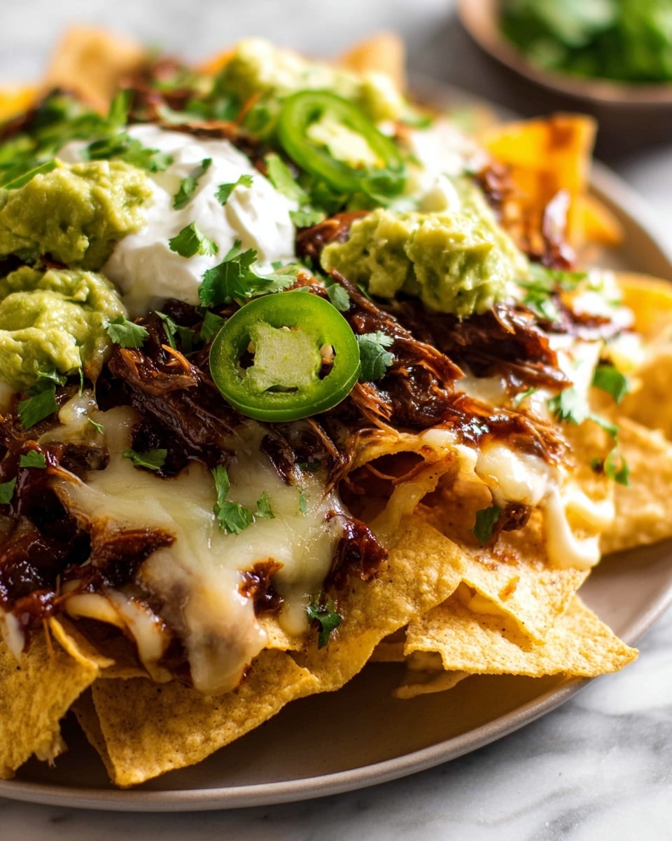 A pile of crispy yellow tortilla chips forms the base layer, topped with melted white cheese that stretches and covers some chips. On top of the cheese is a layer of dark brown shredded meat, rich and saucy. Fresh green jalapeño slices and bright green cilantro leaves are scattered over the meat, adding freshness and color. Dollops of white sour cream and green guacamole sit on the side near the top, creating a creamy contrast. The dish is on a white plate placed on a white marbled surface. photo taken with an iphone --ar 4:5 --v 7