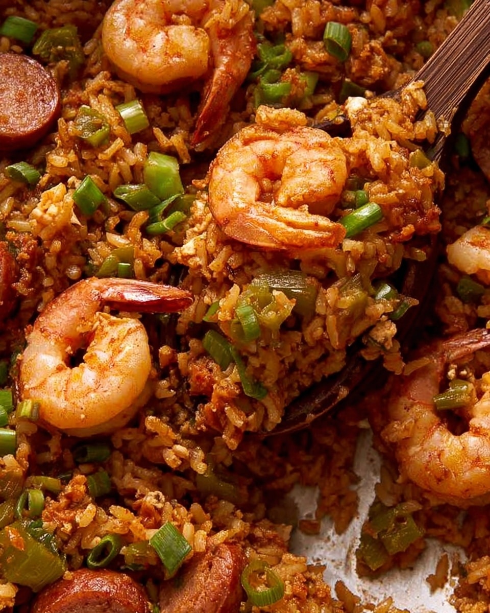 The image shows a close-up view of a dish with three main layers: a base layer of orange-brown seasoned rice mixed with small pieces of green celery and onion, a middle layer of browned sausage slices scattered throughout, and a top layer featuring several cooked shrimp with a pinkish-white color and slightly shiny texture. The food is being scooped with a silver spoon that has a brown wooden handle, all set against a white marbled texture background. photo taken with an iphone --ar 4:5 --v 7