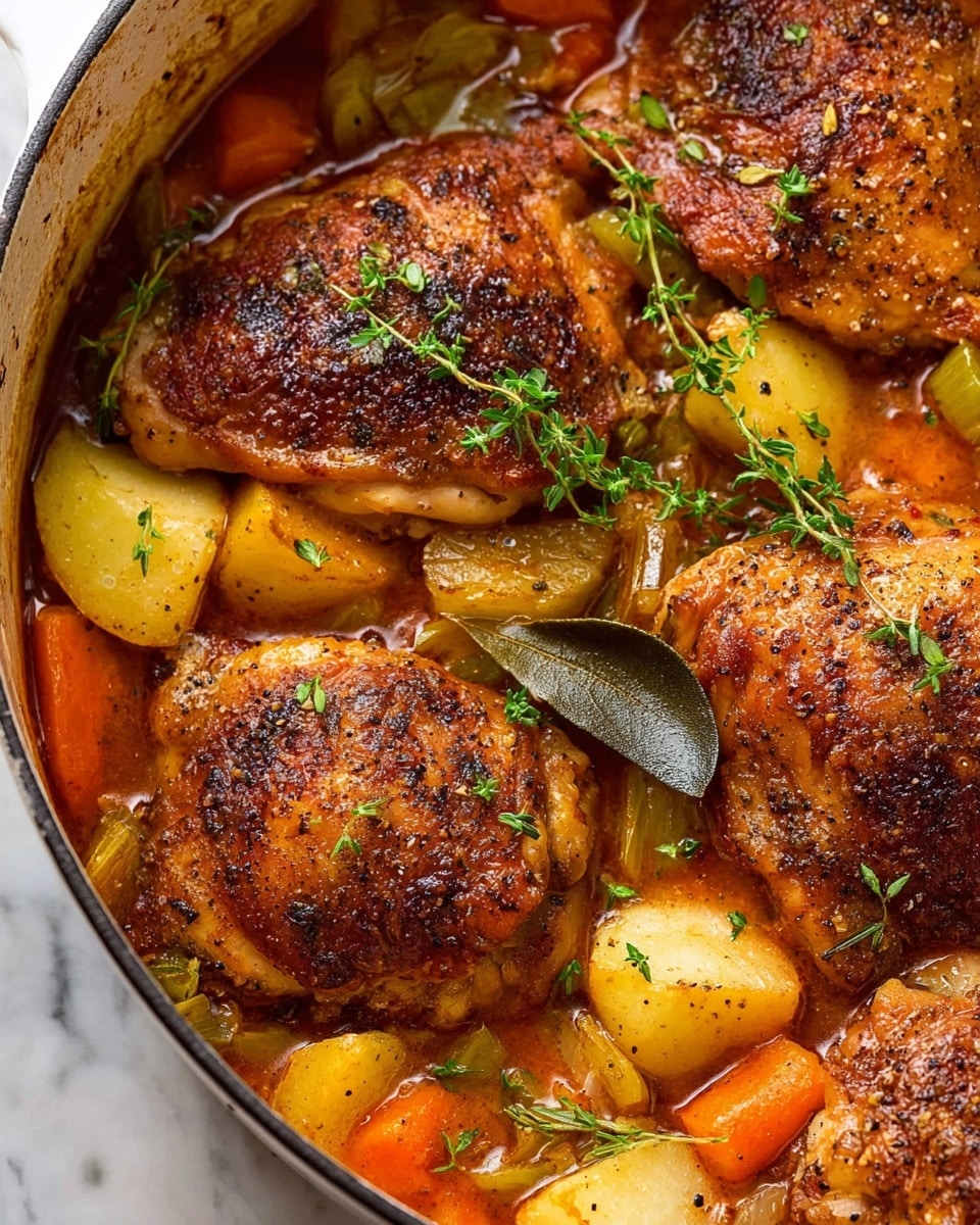 The image shows a white pan filled with four golden brown chicken thighs placed on top. Below and surrounding the chicken thighs are chunks of orange carrots, pale yellow potatoes, and green celery pieces in a rich, reddish brown sauce. Small sprigs of fresh green herbs, like thyme, are scattered around, adding a fresh touch. The chicken skin looks crispy with black pepper specks, and the sauce has a glossy, slightly thick texture. The pan rests on a white marbled textured surface. photo taken with an iphone --ar 4:5 --v 7