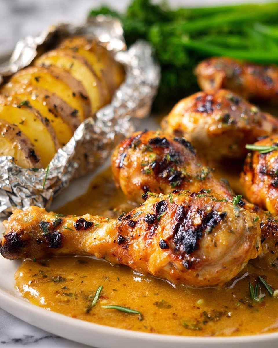 The image shows a close-up of grilled chicken drumsticks glazed with a shiny mustard seed sauce, resting on a crinkled layer of aluminum foil. The chicken pieces have a golden-brown color with visible char marks and small green herb sprinkles on top. To the right, there is a grilled potato that is cut in half, with crisp edges and a golden-yellow inside, sprinkled with black pepper and herbs. In the background, slightly blurred, there is a serving of green broccoli. The whole dish is placed on a white marbled surface. photo taken with an iphone --ar 4:5 --v 7