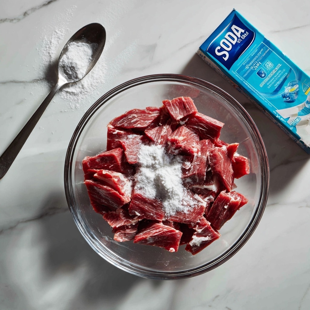 A clear glass bowl filled with raw, thinly sliced red meat, sprinkled with a white powder on top. Next to the bowl on the right side is a white box of McKenzie's Bi-Carb Soda, positioned on a white marbled surface. Above the box, a metal measuring spoon holds some of the white powder, resting on the same surface. The overall setting is clean and bright, focusing on the ingredients for cooking. photo taken with an iphone --ar 4:5 --v 7