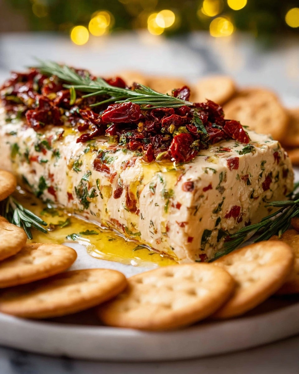 A rectangular block of cheese mixture with small bits of red and green herbs visible throughout sits in the center of a white plate. The top layer is thickly covered with bright red sun-dried tomatoes and fresh green rosemary sprigs. Golden oil drips down the sides, adding a shiny, glossy texture. Surrounding the block of cheese, round light brown crackers form a neat ring, some stacked and some leaning against the cheese. The whole setup is placed on a white marbled surface with soft glowing lights blurred in the background. Photo taken with an iphone --ar 4:5 --v 7