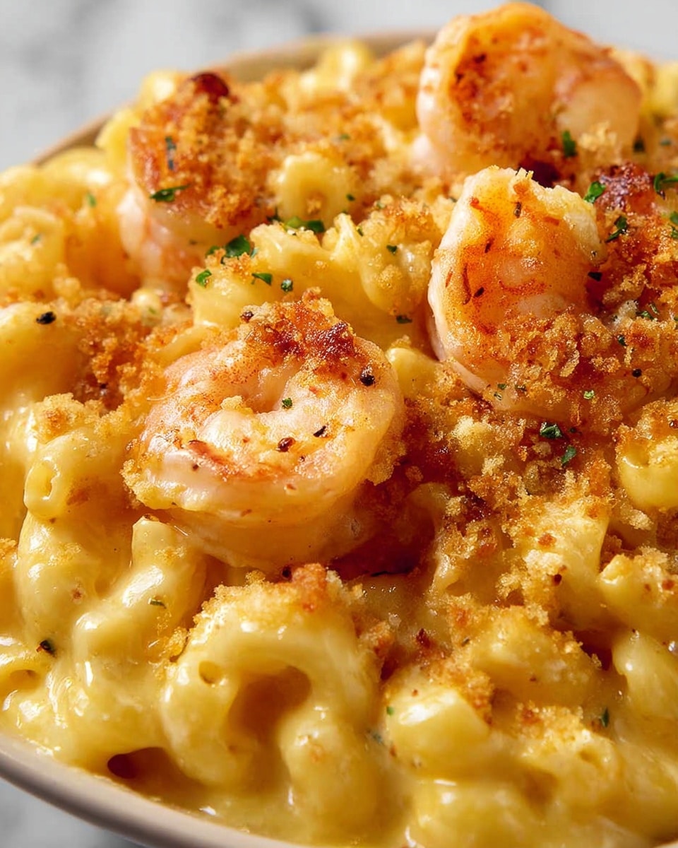 The close-up image shows a creamy macaroni and cheese dish mixed with several pieces of cooked shrimp. The macaroni noodles are coated in a smooth yellow cheese sauce, forming the base layer. On top of the noodles, there are pink-orange shrimp with a slightly charred, crispy golden breadcrumb coating scattered evenly. Small green herbs are sprinkled lightly across the entire dish, adding a touch of color. The texture contrasts between the soft noodles and the crunchy topping stand out clearly. The background is a white marbled surface. photo taken with an iphone --ar 4:5 --v 7