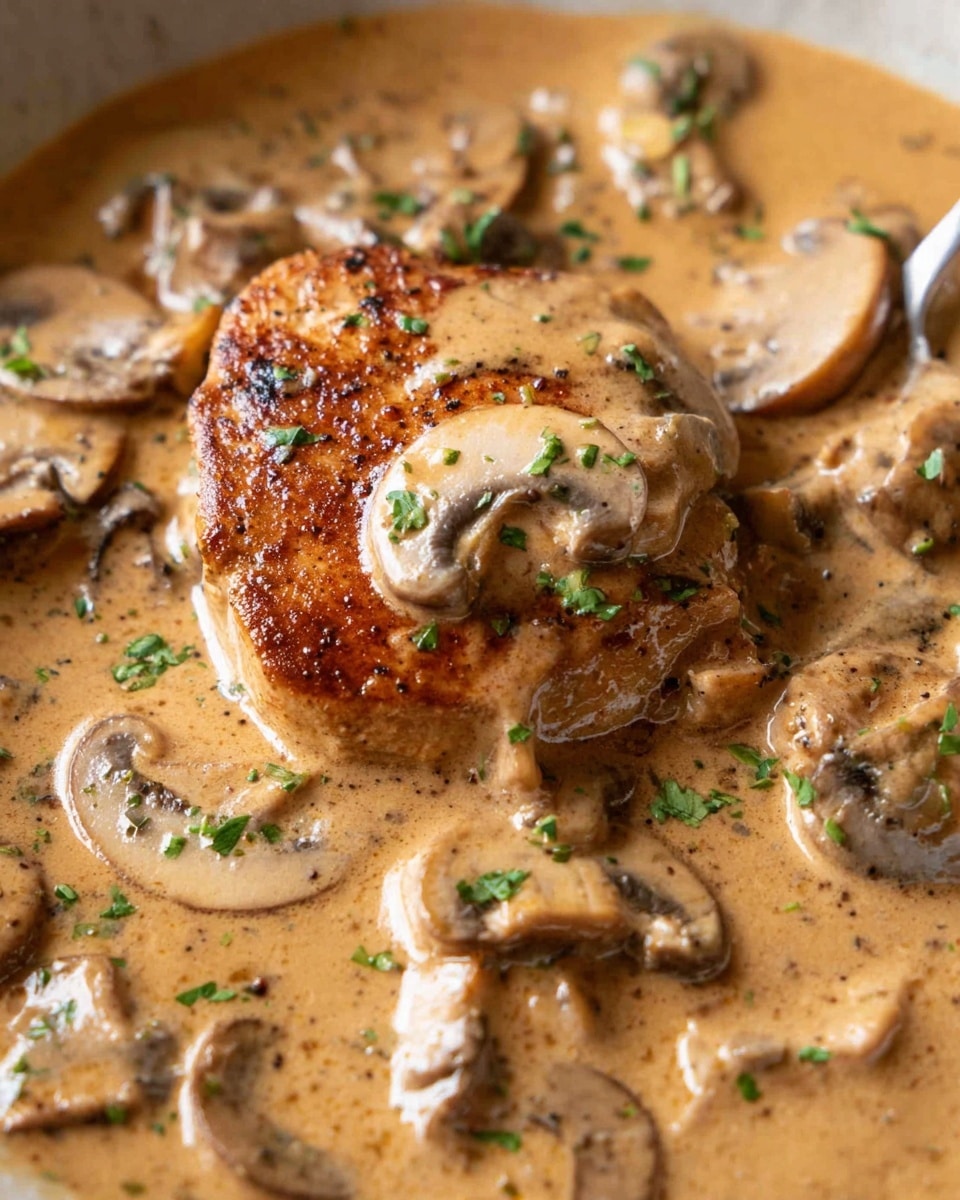 The image shows a close-up of a dish featuring a golden-brown cooked piece of meat topped with chopped green herbs, surrounded by a creamy light brown mushroom sauce. The sauce is thick and smooth with visible sliced mushrooms evenly mixed throughout. The meat is slightly crispy on the edges, contrasting with the soft texture of the sauce. The entire scene has a warm and rich look against a white marbled background. Photo taken with an iphone --ar 4:5 --v 7