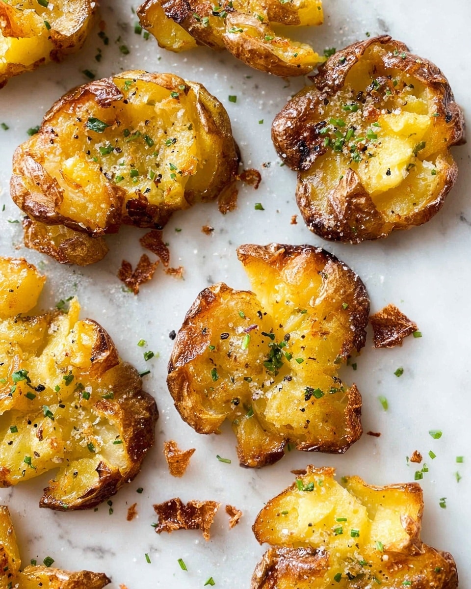 The image shows several crispy smashed potatoes on a white marbled surface. Each potato is golden brown with rough, uneven edges and crispy, crunchy texture on the outside, while the inside is soft and yellowish. Some pieces have bits of browned crust attached, and all are sprinkled with coarse salt, black pepper, and small green herb flakes for garnish. The potatoes are scattered randomly, giving a homemade, rustic look. photo taken with an iphone --ar 4:5 --v 7