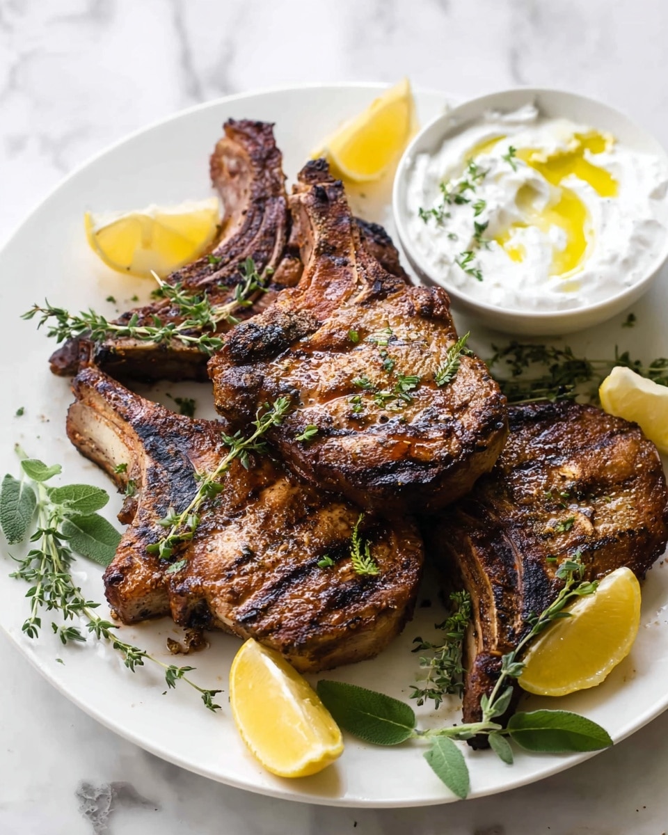 The image shows a white plate with three pieces of grilled meat, each with a charred and browned surface, with a slightly shiny texture from the cooking juices. Around the meat are fresh green oregano leaves scattered on top and beside the meat. Lemon wedges with bright yellow skin and pale yellow flesh are placed around the plate, adding bright contrast. On the right side, a small white bowl sits on the plate, filled with a white creamy sauce with green herbs sprinkled inside and a drizzle of yellow oil on top. The plate is set on a white marbled surface. photo taken with an iphone --ar 4:5 --v 7