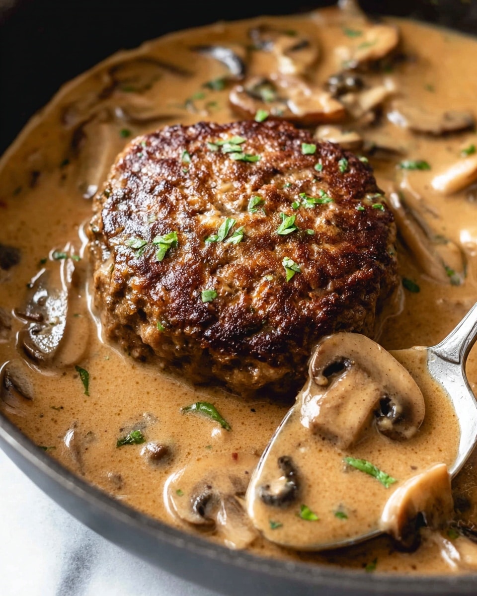 The image shows a close-up of a cooked burger patty sitting in a thick, creamy brown mushroom sauce inside a black pan. The patty is browned with a slightly crispy texture on top. The sauce covers the bottom and partly the top of the patty and has visible slices of cooked mushrooms and small green herb pieces sprinkled on the surface, giving a fresh touch. The mushrooms are light brown and soft-looking. Photo taken with an iphone --ar 4:5 --v 7