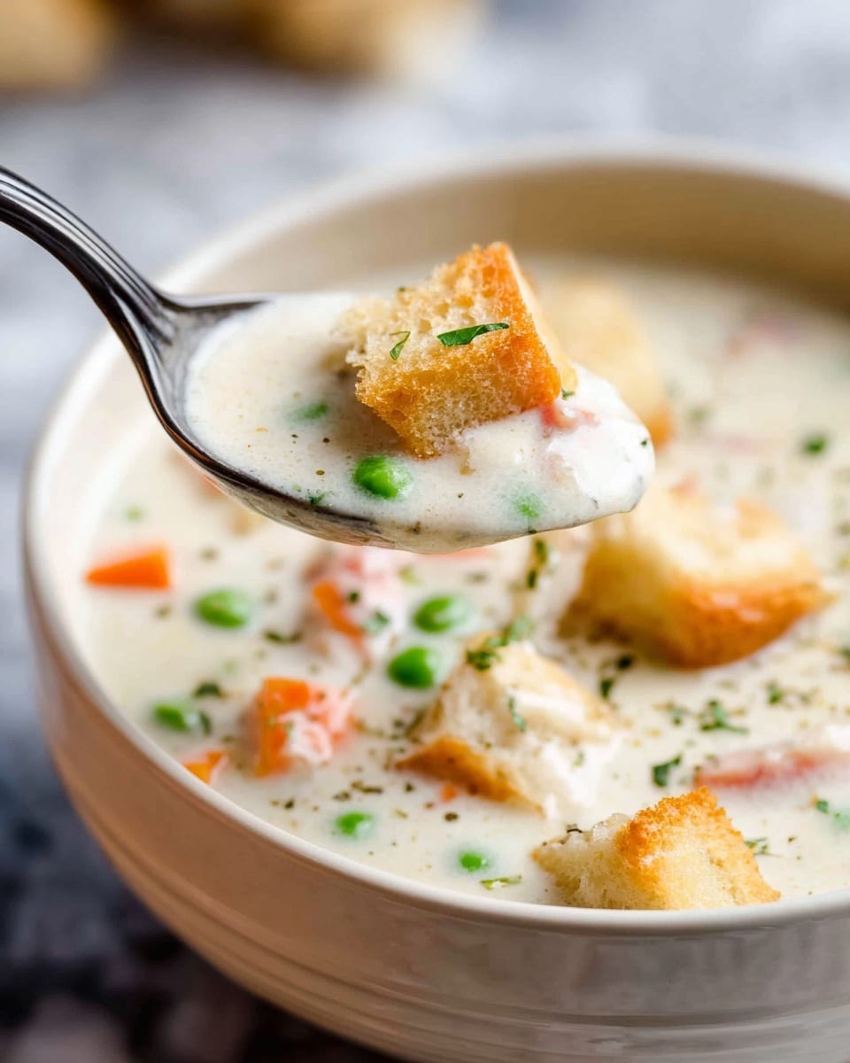 A close-up of a creamy white soup served in a white bowl with a visible thick texture. The soup has a mix of small chunks of orange carrot, green peas, and pieces of light brown croutons scattered on top and inside. A spoon lifted above the bowl holds a thick scoop of the soup showing its smooth creaminess with bits of vegetables and croutons. The background shows a soft white marbled texture. Photo taken with an iphone --ar 4:5 --v 7