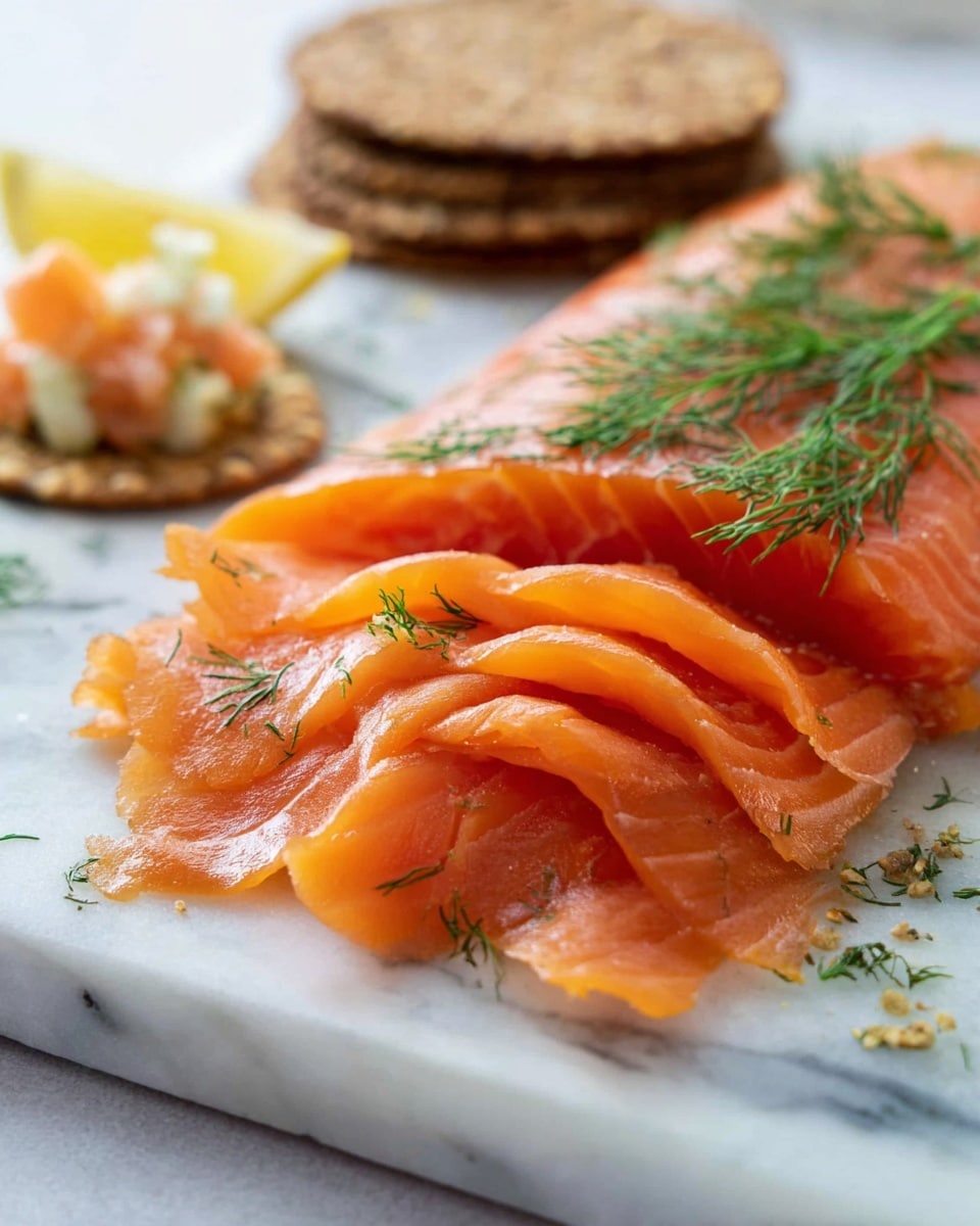 Thin slices of bright orange smoked salmon, layered slightly curled on a white marbled surface, garnished with fresh green dill both on top and scattered around. Behind the salmon are three pieces of dark toasted bread stacked slightly. To the left, there are yellow lemon wedges and a round cracker topped with small pieces of salmon and a light creamy sauce. The overall setting is clean and fresh with a soft focus on the background. Photo taken with an iphone --ar 4:5 --v 7