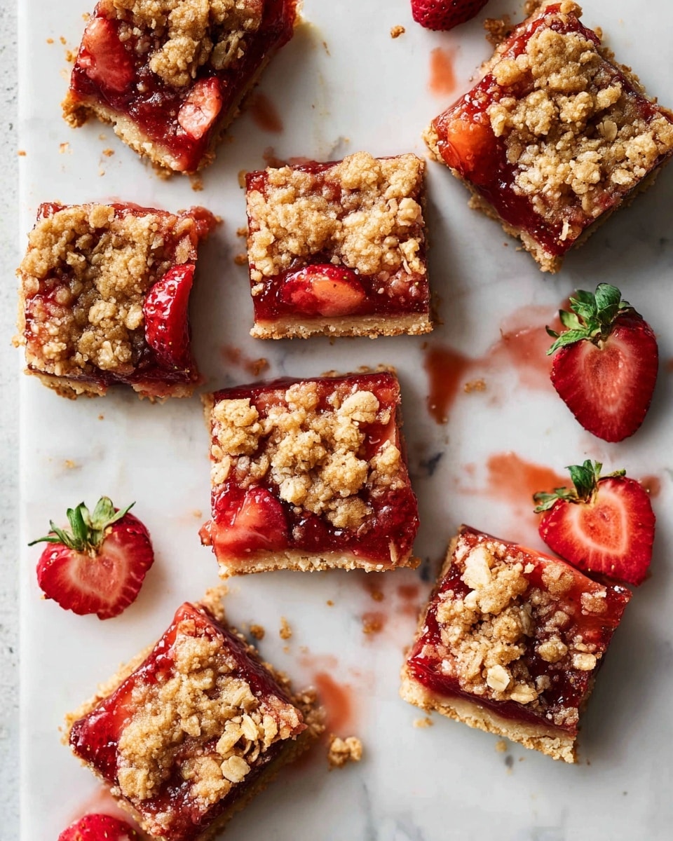 The image shows seven square strawberry crumble bars on a white marbled surface, with some fresh whole and halved strawberries scattered around. Each bar has three visible layers: a light golden crumbly base, a thick middle layer of shiny red strawberry filling with pieces of strawberries, and a top layer of golden brown oat crumble chunks. One bar is cut to show the layers, and there are some red juice stains on the surface around the bars. photo taken with an iphone --ar 4:5 --v 7