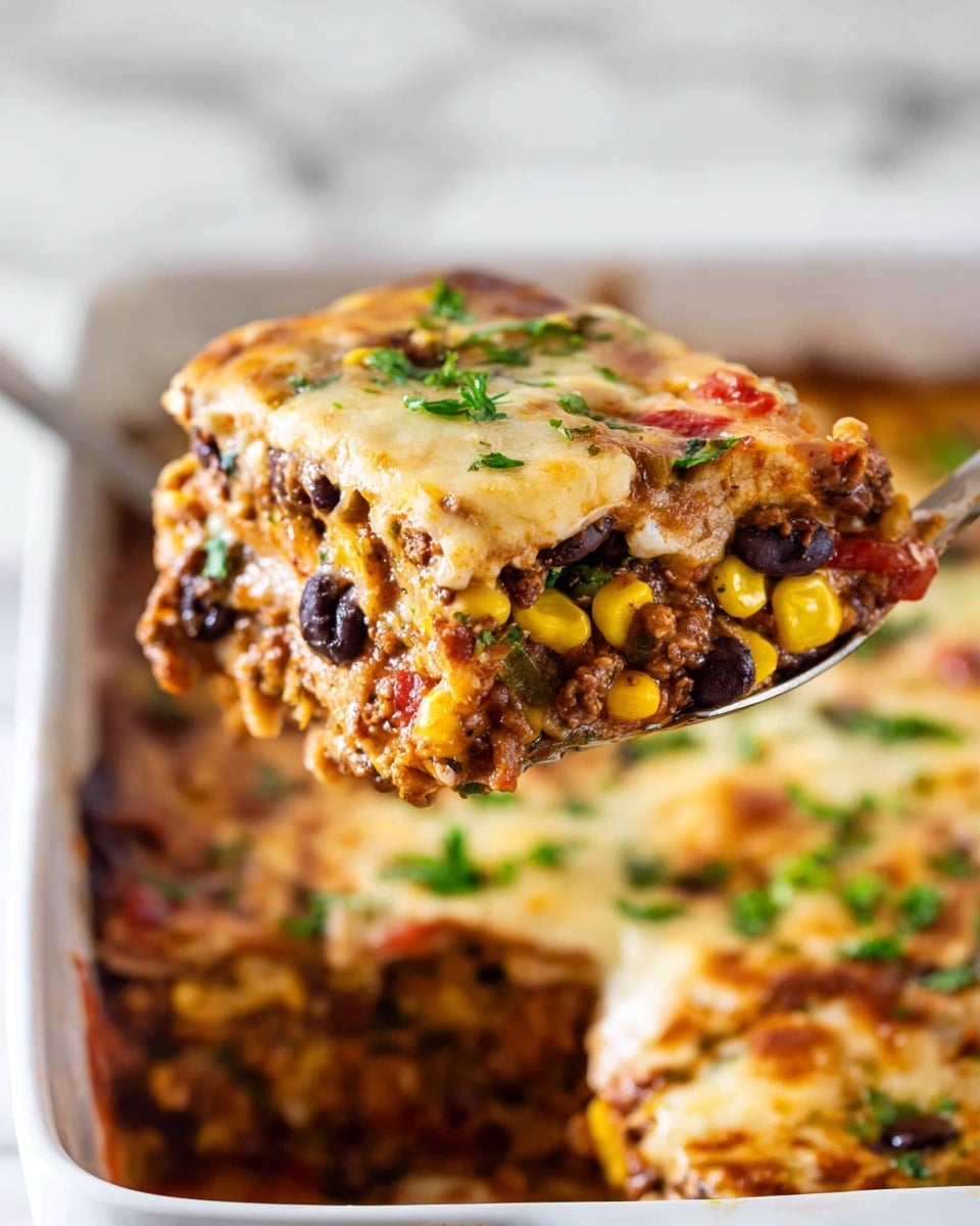A close-up of a thick slice of layered casserole being lifted by a spatula from a white baking dish on a white marbled surface. The slice shows multiple layers starting with a soft, light beige layer of tortilla or crust, followed by a colorful vegetable mix including yellow corn, black beans, and red peppers, mixed with a rich and thick brown sauce. On top, melted golden cheese covers the slice, sprinkled with fresh green herbs. The baking dish in the background has more of the same casserole with a browned, bubbly layer of cheese and herbs on top. Photo taken with an iphone --ar 4:5 --v 7