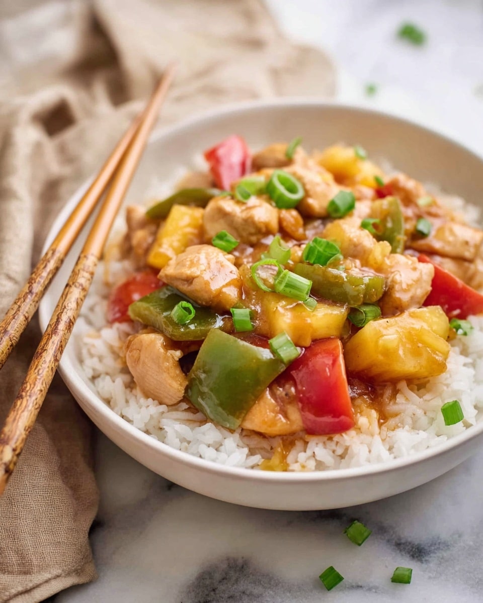 A white bowl contains a dish with three main layers. The bottom layer is white rice with a soft texture. On top, there is a mix of cooked chicken pieces, red and green bell pepper chunks, and pineapple pieces all coated in a glossy, light brown sauce. The dish is garnished with small green onion slices scattered across the top. Two wooden chopsticks rest on the edge of the bowl. The bowl sits on a white marbled surface with a beige cloth partially visible nearby. Photo taken with an iphone --ar 4:5 --v 7