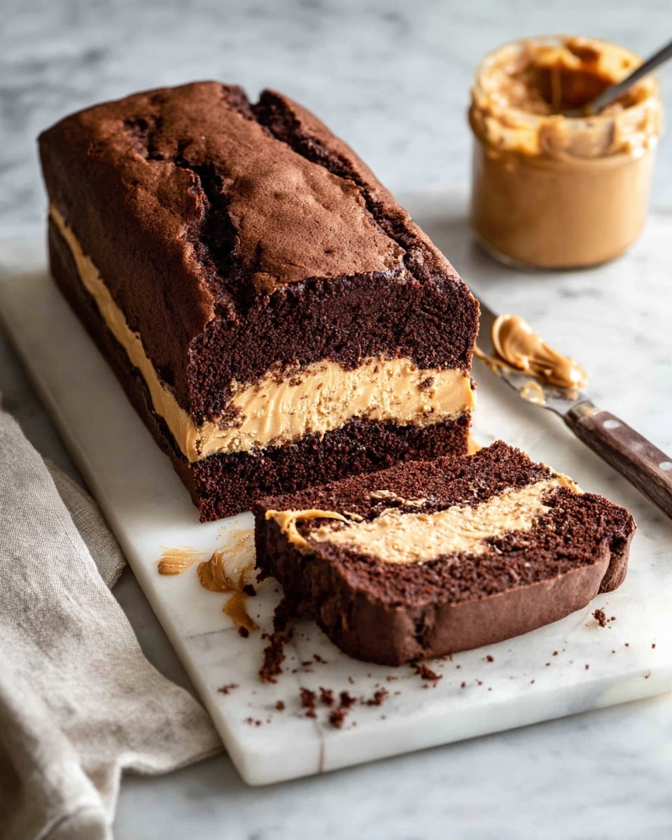 A thick loaf of chocolate bread with a creamy peanut butter layer in the middle sits on a white cutting board placed on a white marbled surface. The bread has a dark brown crust and is cut to show three layers: the top dark brown soft cake, a middle light tan creamy peanut butter layer, and a bottom dark brown dense cake layer. Two slices are cut from the loaf, one lying flat and the other leaning forward on the board. To the right, an open jar of peanut butter and a knife with peanut butter on its tip rest next to the loaf. Photo taken with an iphone --ar 4:5 --v 7