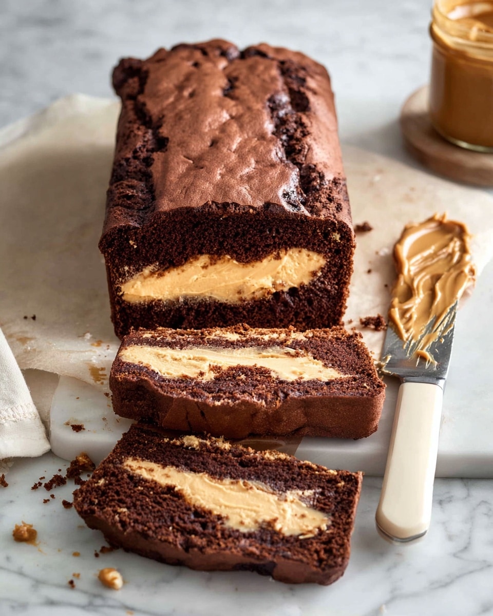 A chocolate loaf cake with three layers is shown on a white marbled surface; the top and bottom layers are dark brown and soft-textured chocolate cake, while the middle layer is a thick creamy light brown peanut butter filling. Two slices of the cake lay in front of the loaf, clearly showing the same three layers. A white knife with a wooden handle, smeared with peanut butter, rests beside the cake along with an open jar of peanut butter on the right. The cake has a slightly cracked top and crumbs scattered around. photo taken with an iphone --ar 4:5 --v 7